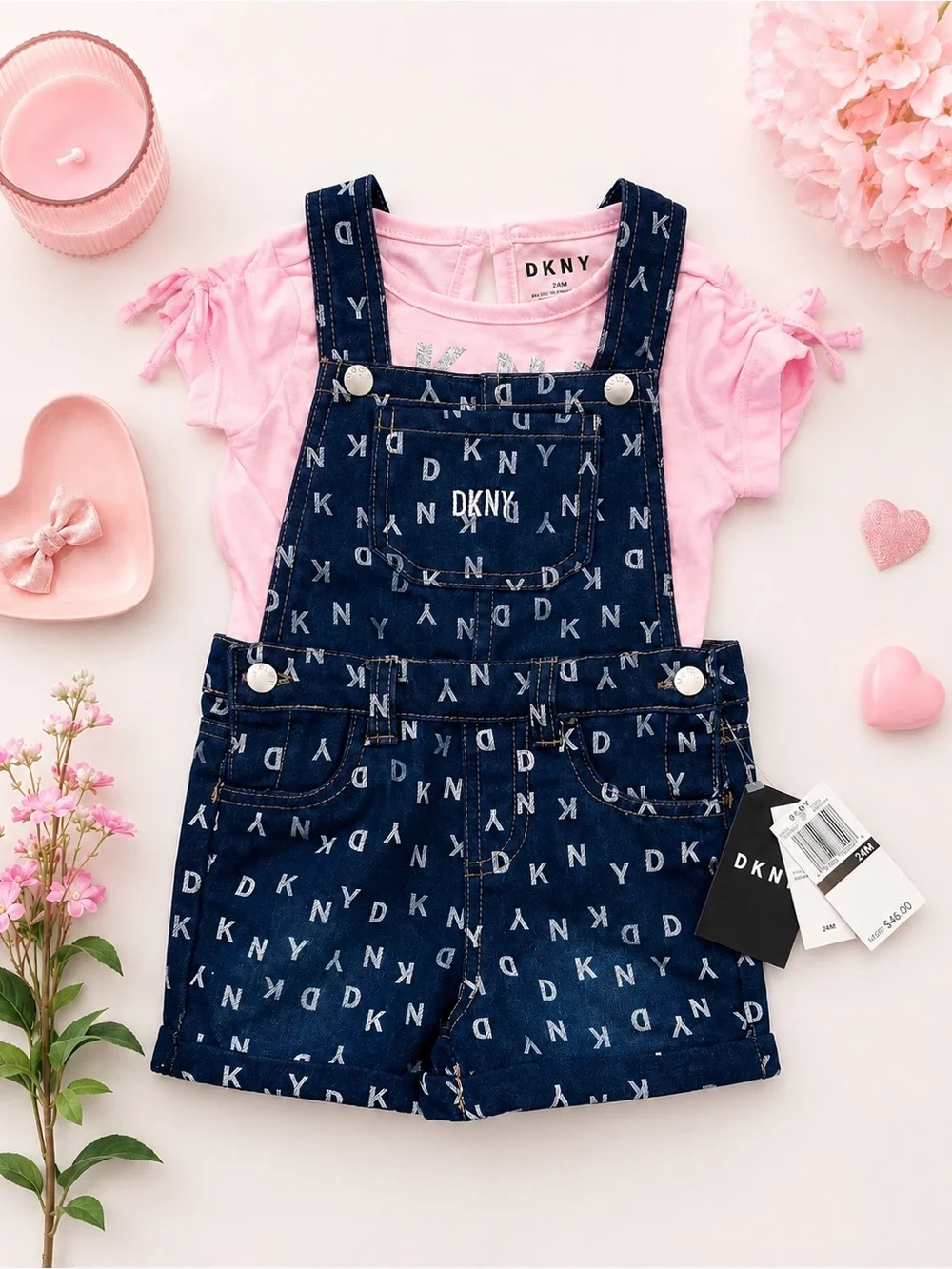 NWT DKNY Baby Girl Denim Shortall Set Pink 24M 2-Piece Outfit